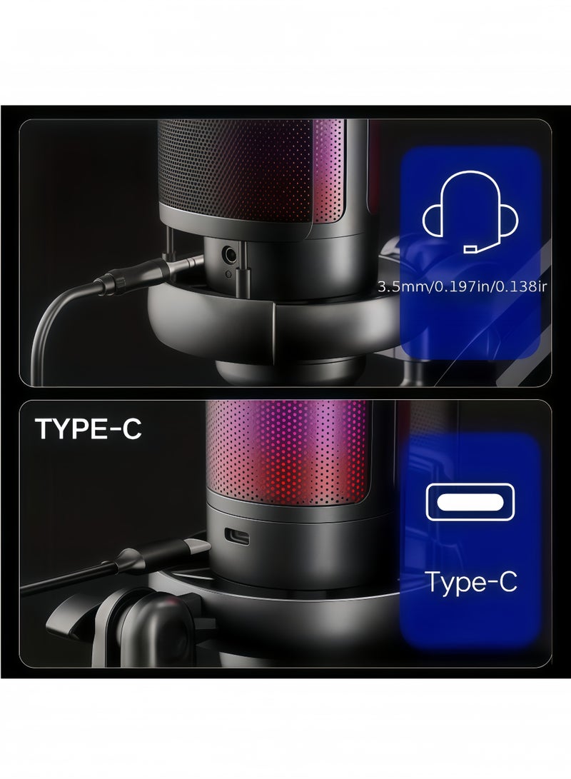 XiuWoo Gaming Microphone Set, USB PC Mic for Podcasts Videos, Streaming, Condenser Mic with Quick Mute, Tripod Stand, Pop Filter, RGB Indicator, Shock Mount, Rotate gain button,with RGB Light, Compatible with PS4/5/PC (Black) - Image 5